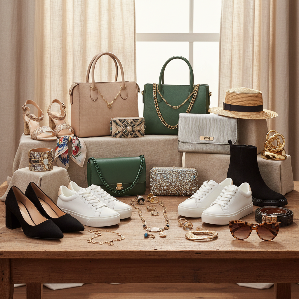 Ensemble complet d'accessoires femme : sacs, chaussures, bijoux et pièces tendance pour compléter chaque tenue
